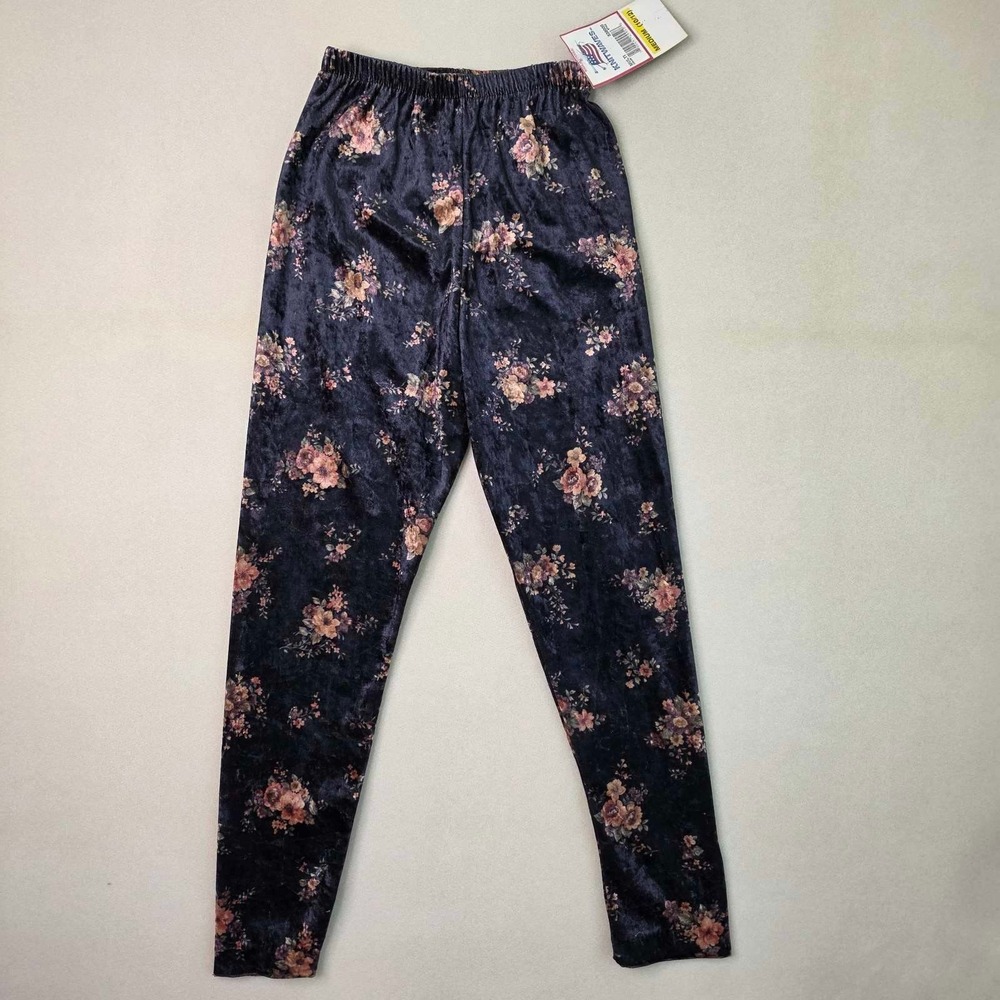 Knitwaves Vintage 90s Girls Floral Crushed Velvet Leggings Navy Blue Size 10/12